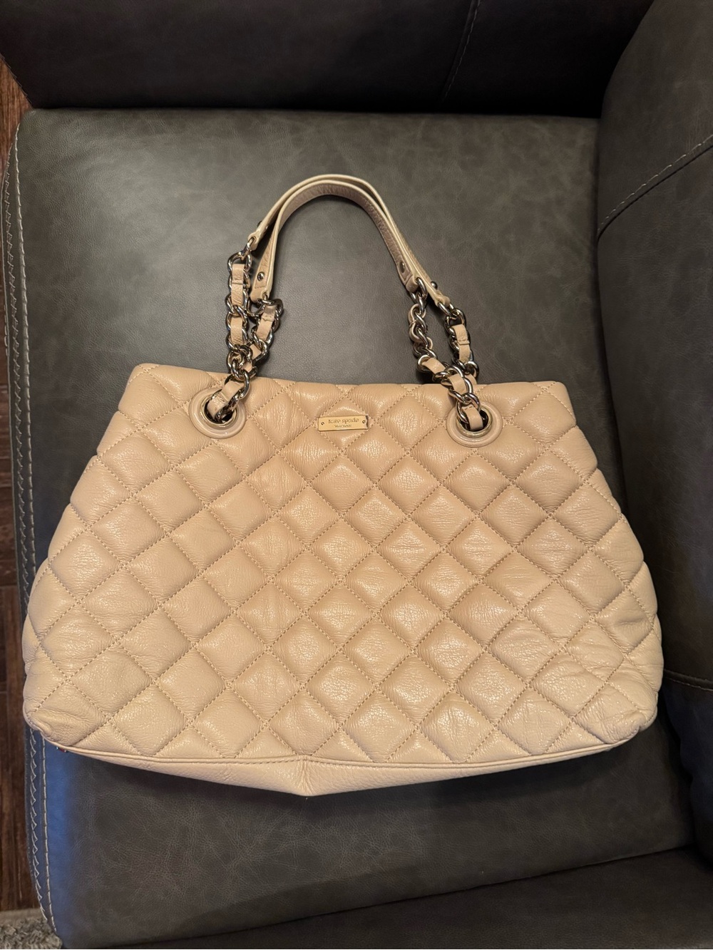 kate spade Quilted Beige Leather Shoulder Bag with Chain Handles